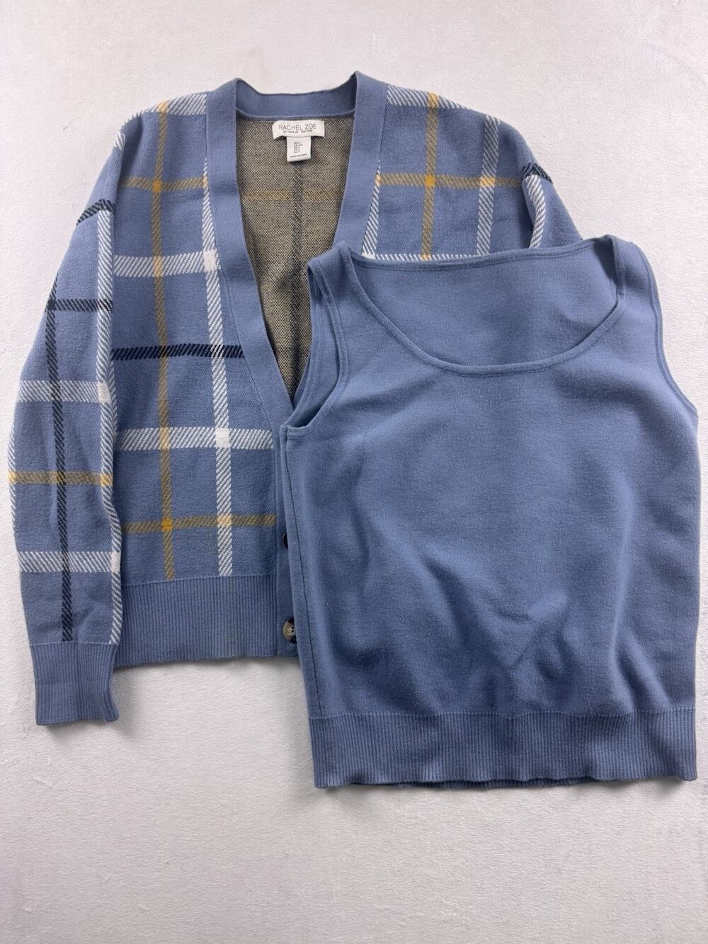 Rachel Zoe Women’s Plaid Cardigan & Tank Top Set Light Blue Windowpane Small
